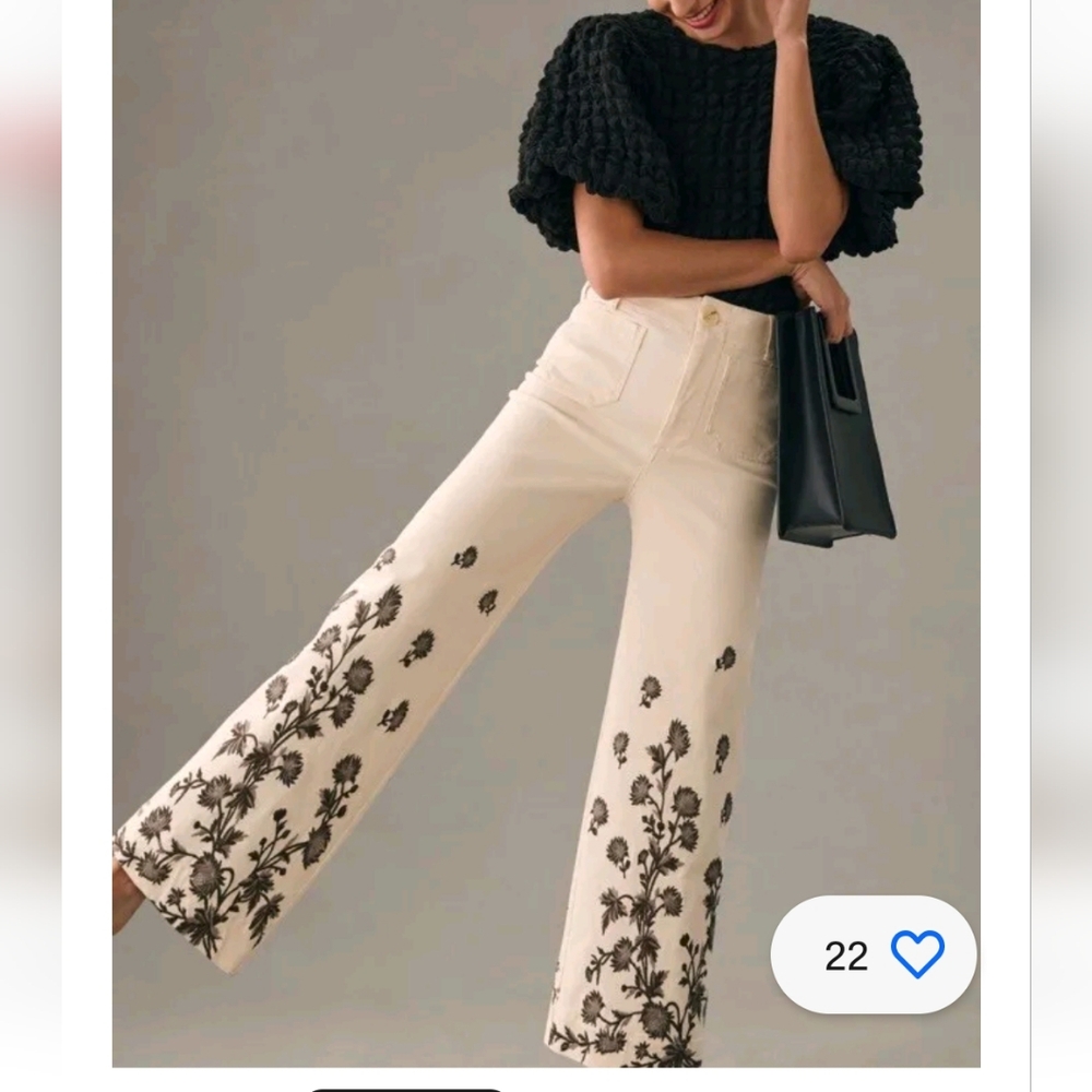 Anthropologie Cream Ankle Jeans with Black Floral Embroidery